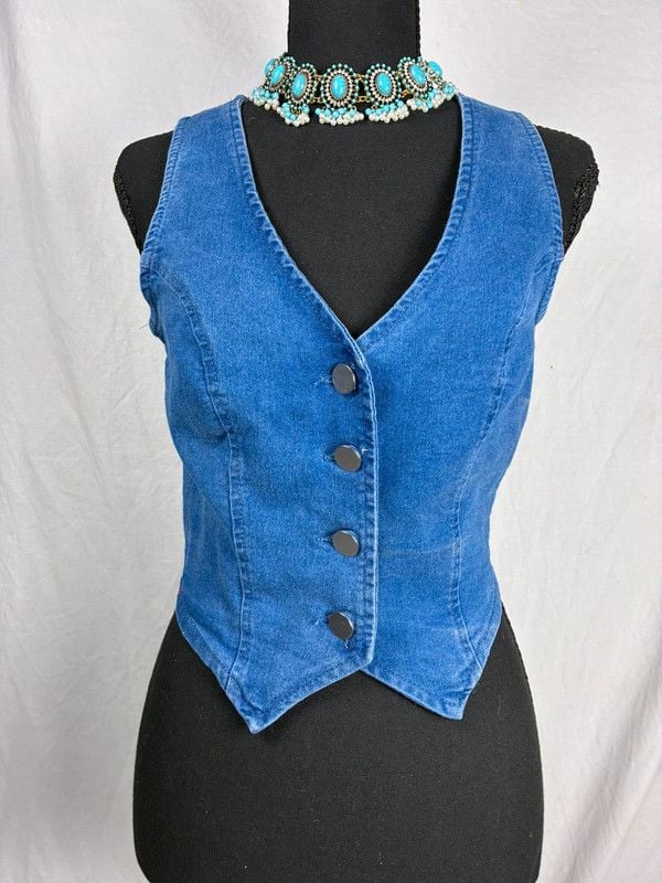 Women’s Blue Denim Button-Front Bustier Corset Top Solid Opaque Size S 5