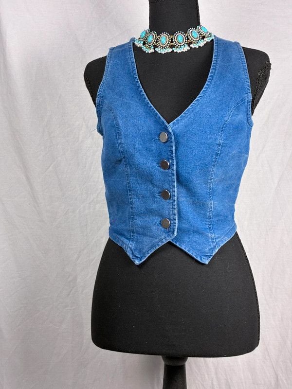 Women’s Blue Denim Button-Front Bustier Corset Top Solid Opaque Size S 6