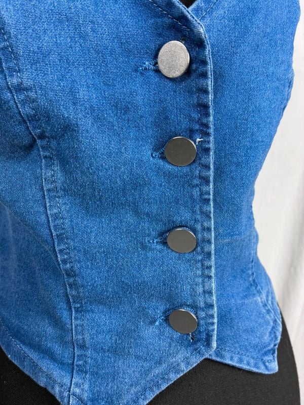 Women’s Blue Denim Button-Front Bustier Corset Top Solid Opaque Size S 8