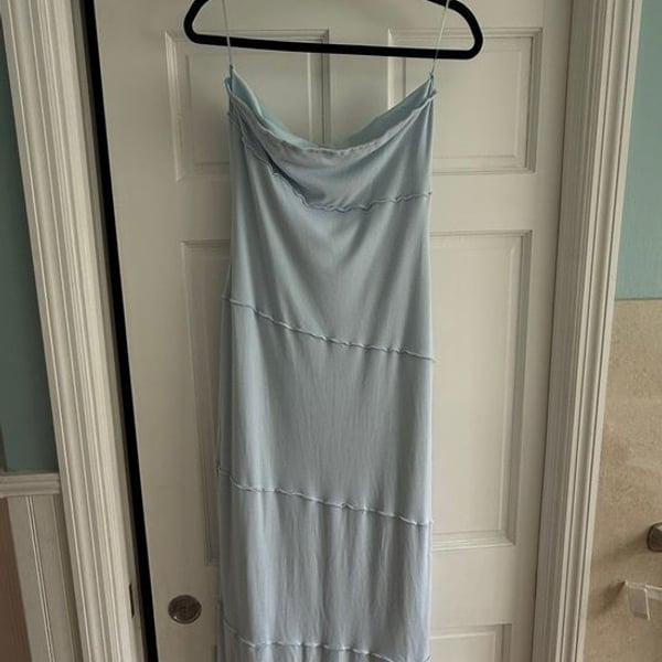 American Threads Pale Blue Midi Slip Dress with Cowl Neck