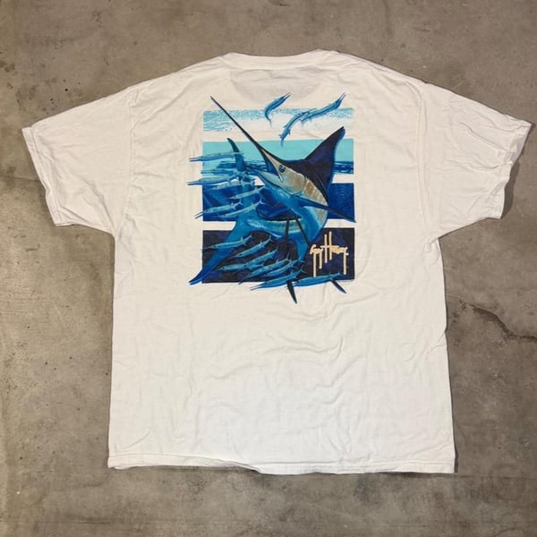 Guy Harvey Marlin Pocket T-Shirt XL White Cotton Fish Graphic