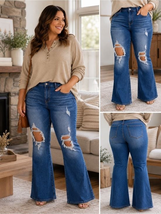 Boutique Distressed Flare Jeans High Rise Bell Bottom Stretch Denim Size 12 NWOT 2