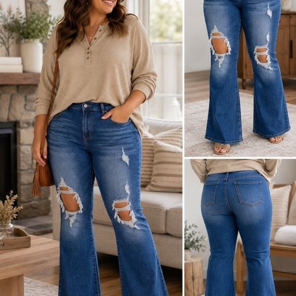Boutique Distressed Flare Jeans High Rise Bell Bottom Stretch Denim Size 12 NWOT