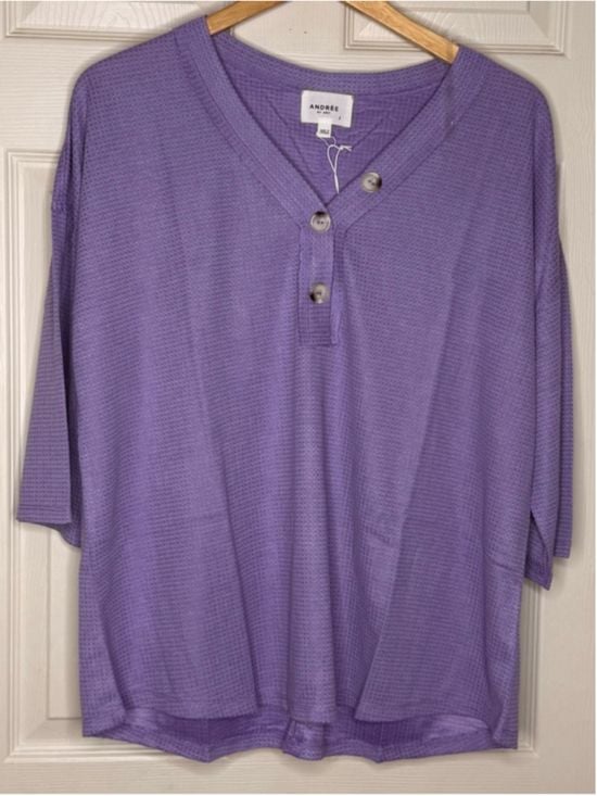 Andrée by Unit Lilac Waffle Knit Henley Top Oversized Boutique Pullover NWT S-XL 3