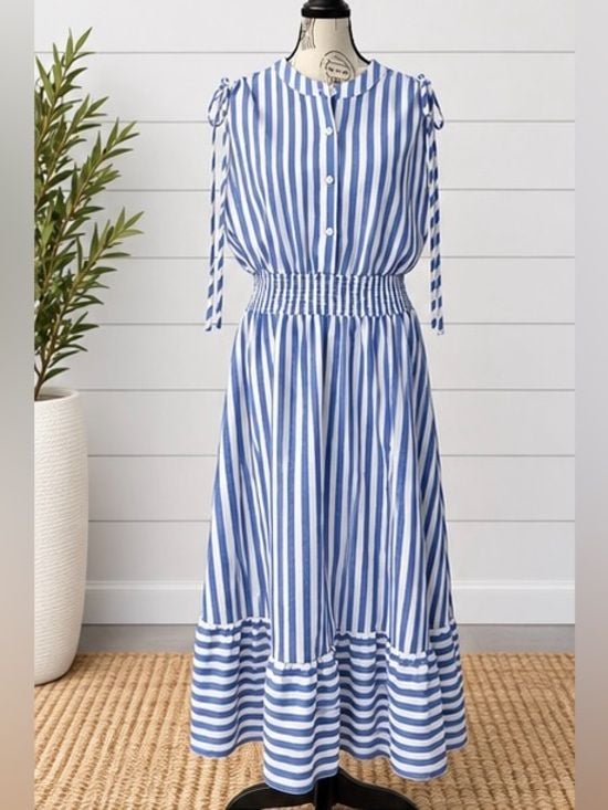 Blue White Striped Smocked Maxi Dress Tie Shoulder Button Front Tiered 2