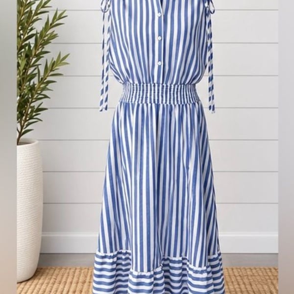 Blue White Striped Smocked Maxi Dress Tie Shoulder Button Front Tiered