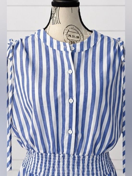 Blue White Striped Smocked Maxi Dress Tie Shoulder Button Front Tiered 3
