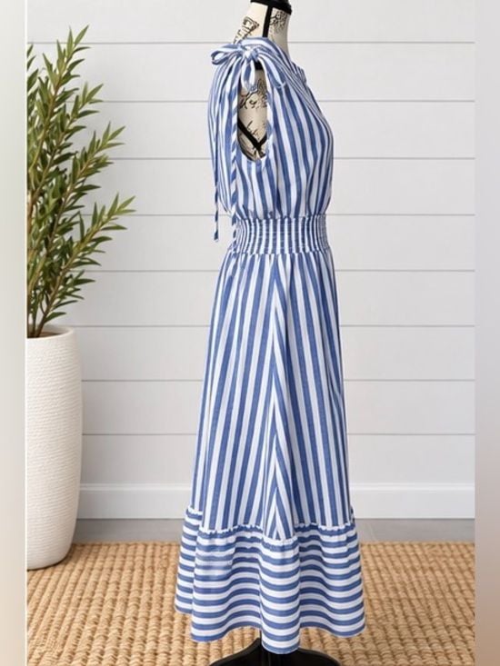 Blue White Striped Smocked Maxi Dress Tie Shoulder Button Front Tiered 4