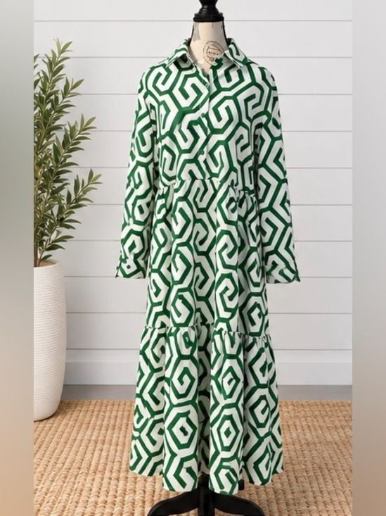 SHEIN Curve 3XL Green White Geometric Tiered Maxi Shirt Dress Plus Size 2