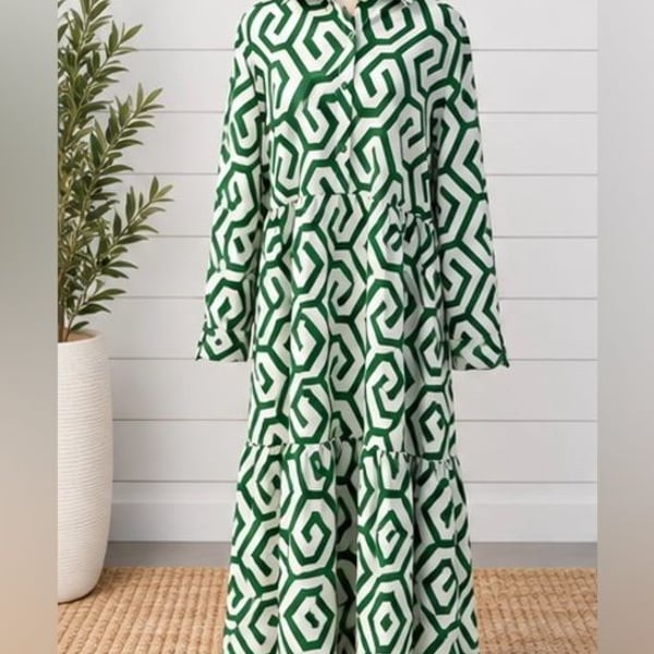 SHEIN Curve 3XL Green White Geometric Tiered Maxi Shirt Dress Plus Size