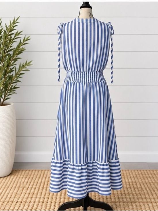 Blue White Striped Smocked Maxi Dress Tie Shoulder Button Front Tiered 5