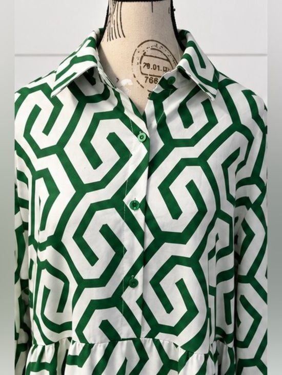 SHEIN Curve 3XL Green White Geometric Tiered Maxi Shirt Dress Plus Size 3