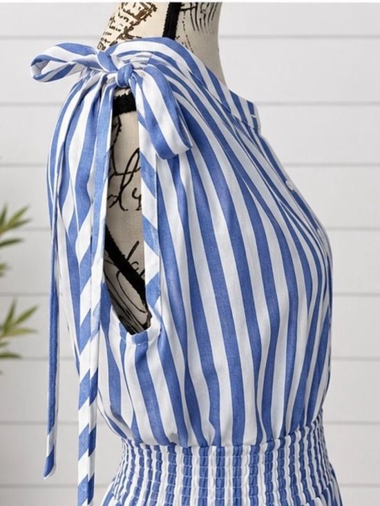 Blue White Striped Smocked Maxi Dress Tie Shoulder Button Front Tiered 6