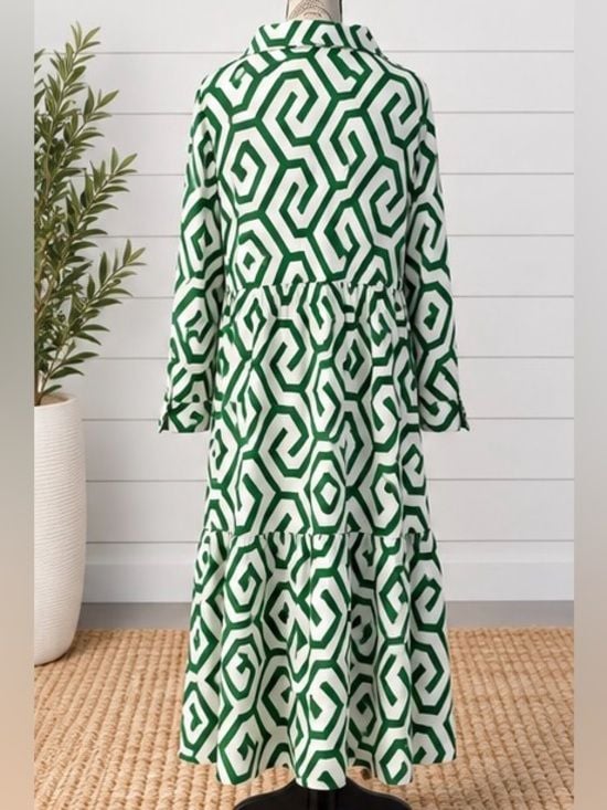 SHEIN Curve 3XL Green White Geometric Tiered Maxi Shirt Dress Plus Size 4
