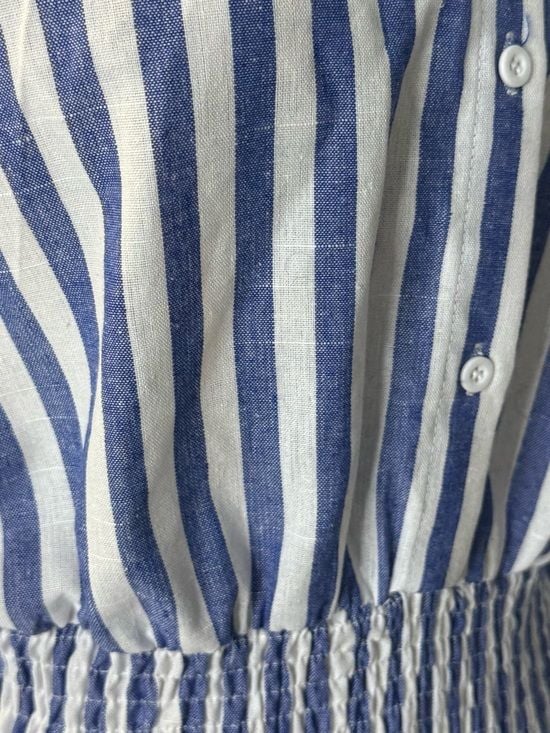 Blue White Striped Smocked Maxi Dress Tie Shoulder Button Front Tiered 7
