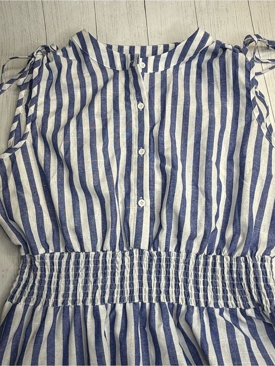 Blue White Striped Smocked Maxi Dress Tie Shoulder Button Front Tiered 8