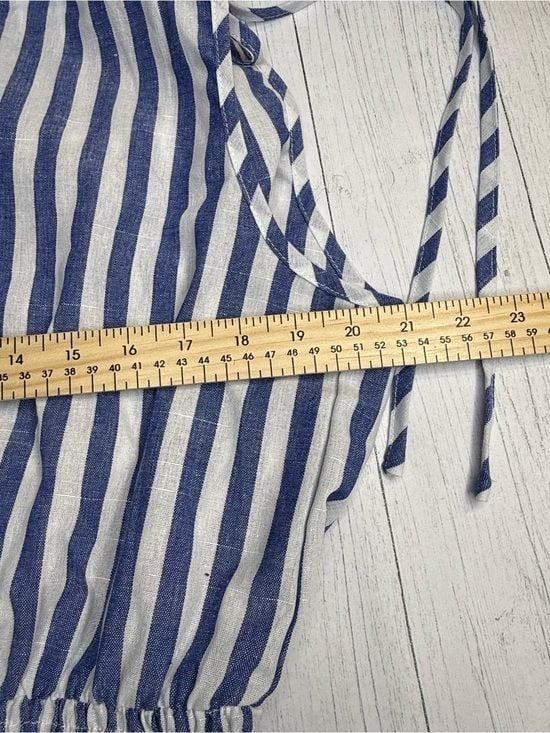 Blue White Striped Smocked Maxi Dress Tie Shoulder Button Front Tiered 9