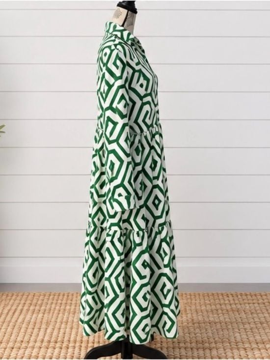 SHEIN Curve 3XL Green White Geometric Tiered Maxi Shirt Dress Plus Size 6