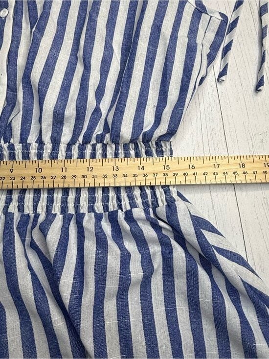 Blue White Striped Smocked Maxi Dress Tie Shoulder Button Front Tiered 10