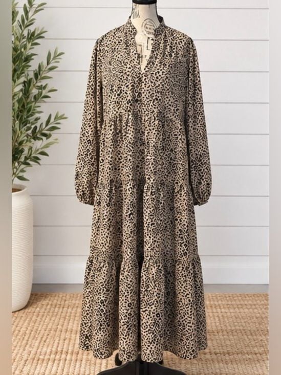 SHEIN Curve 0XL Leopard Print Tiered Maxi Dress Long Sleeve Boho 2