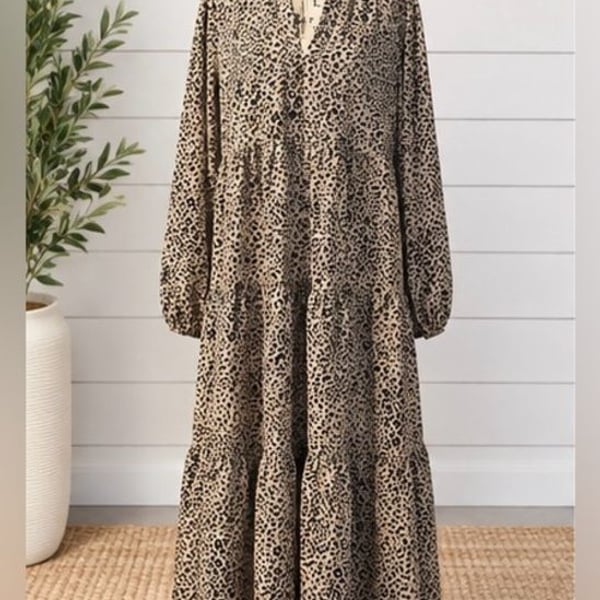 SHEIN Curve 0XL Leopard Print Tiered Maxi Dress Long Sleeve Boho