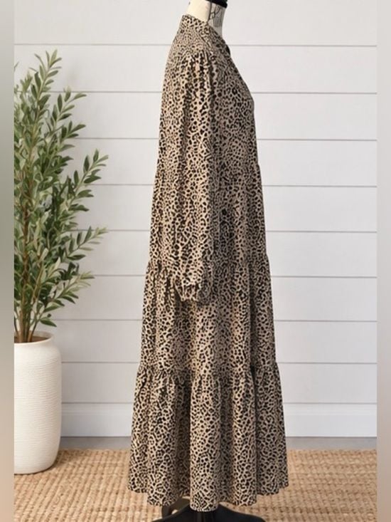 SHEIN Curve 0XL Leopard Print Tiered Maxi Dress Long Sleeve Boho 4