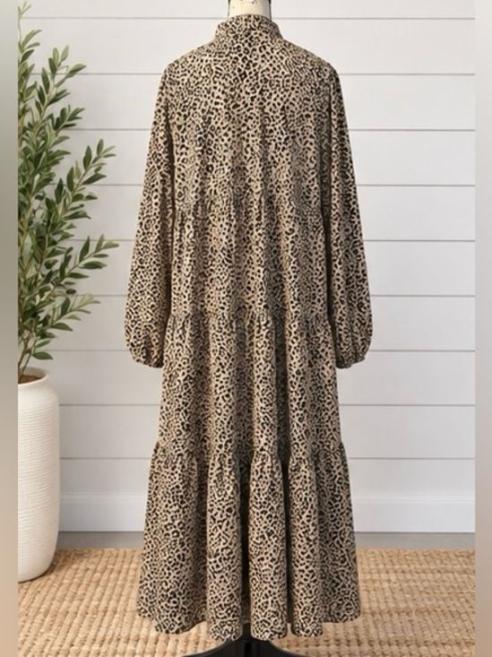 SHEIN Curve 0XL Leopard Print Tiered Maxi Dress Long Sleeve Boho 5