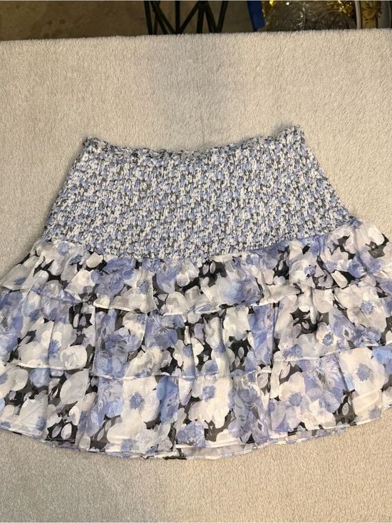 LoveShackFancy Floral Smocked Tiered Lined Mini Skirt Blue Small Sorority Rush 3