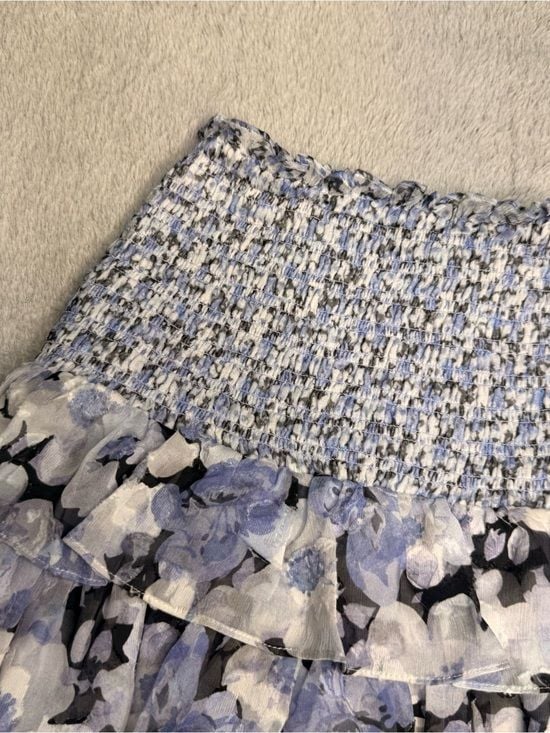 LoveShackFancy Floral Smocked Tiered Lined Mini Skirt Blue Small Sorority Rush 4