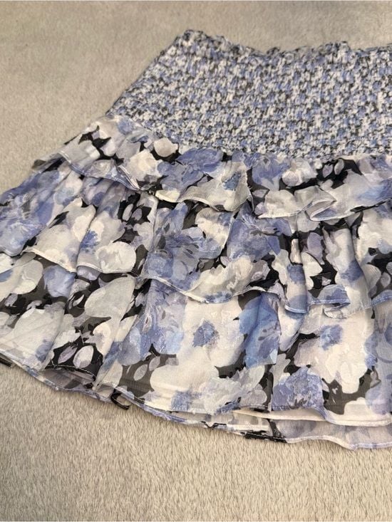 LoveShackFancy Floral Smocked Tiered Lined Mini Skirt Blue Small Sorority Rush 6