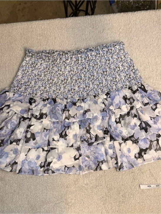 LoveShackFancy Floral Smocked Tiered Lined Mini Skirt Blue Small Sorority Rush 14