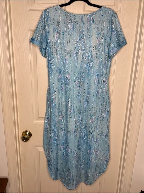 Blue Abstract Print Keyhole Neck Shift Dress Medium Casual Pocket T Shirt Dress 7