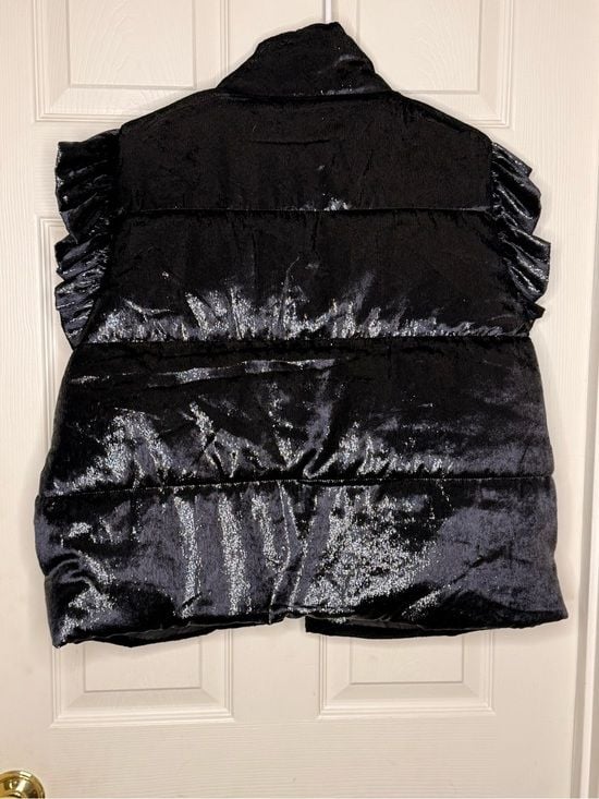 Grace + Emma Black Velvet Shimmer Ruffle Sleeve Puffer Vest Large Boutique Chic 7