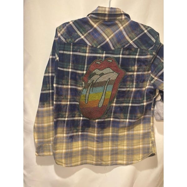 Reworked Flannel shirt L Women's Rinestoned Rolling Stones