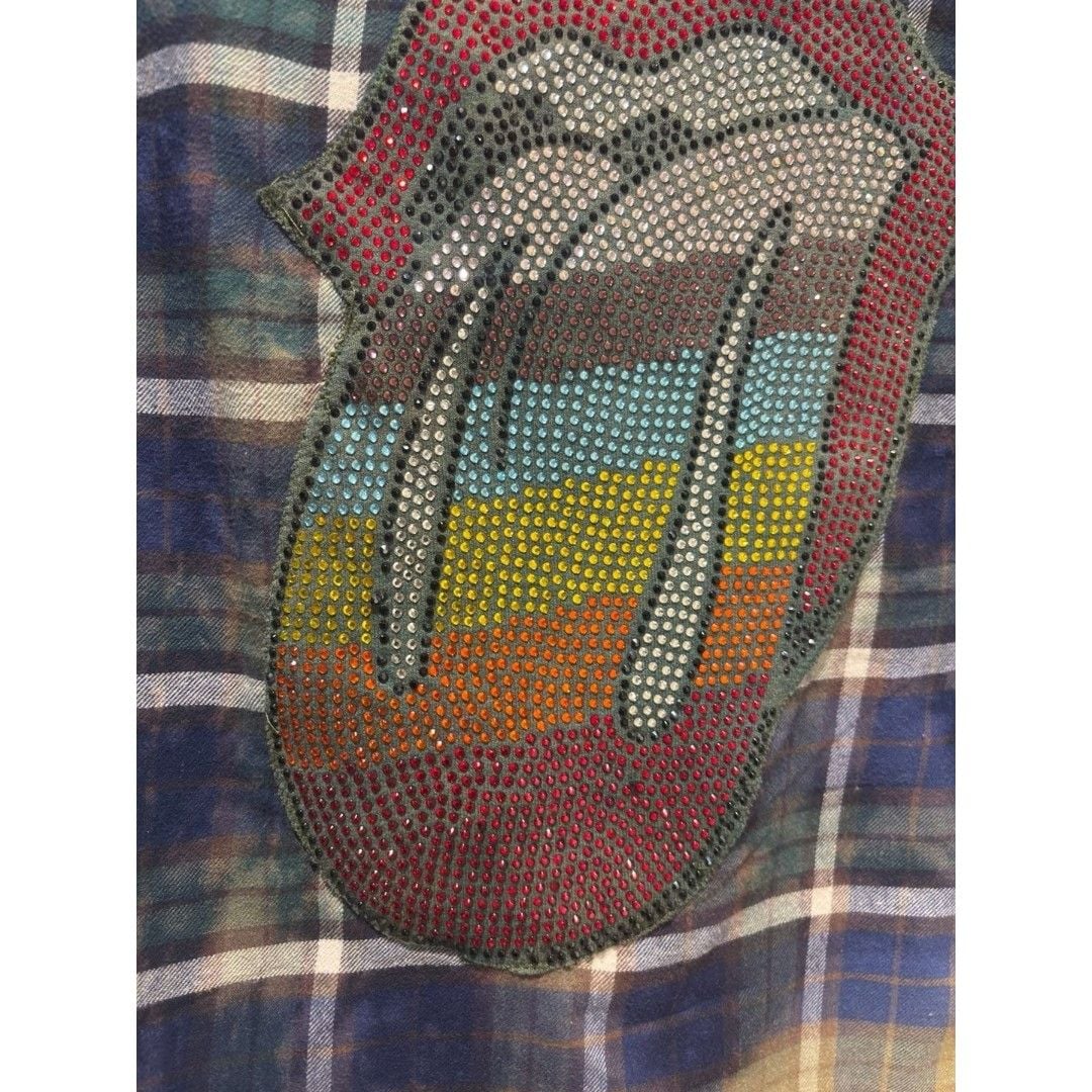 Reworked Flannel shirt L Women's Rinestoned Rolling Stones 8