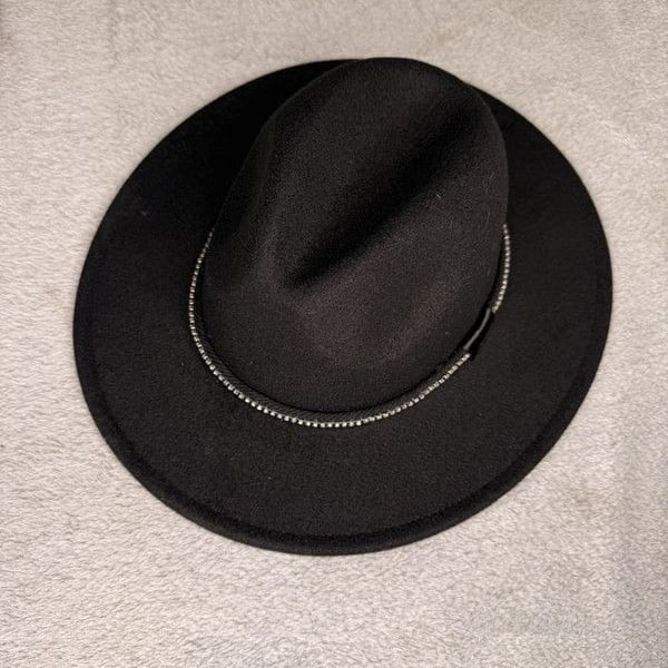 Black Wide Brim Fedora Hat Rhinestone Trim Adjustable Boho Western Chic- New