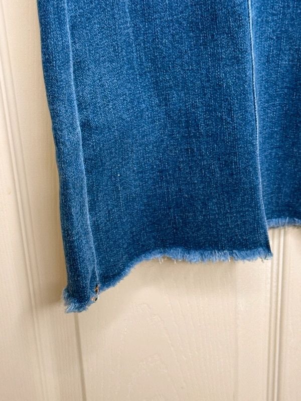 Blue High Rise Button Fly Wide Leg Jeans Raw Hem Stretch Size 14 Boutique 4