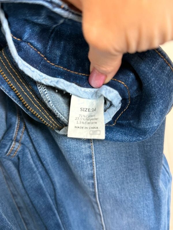 Blue High Rise Button Fly Wide Leg Jeans Raw Hem Stretch Size 14 Boutique 7