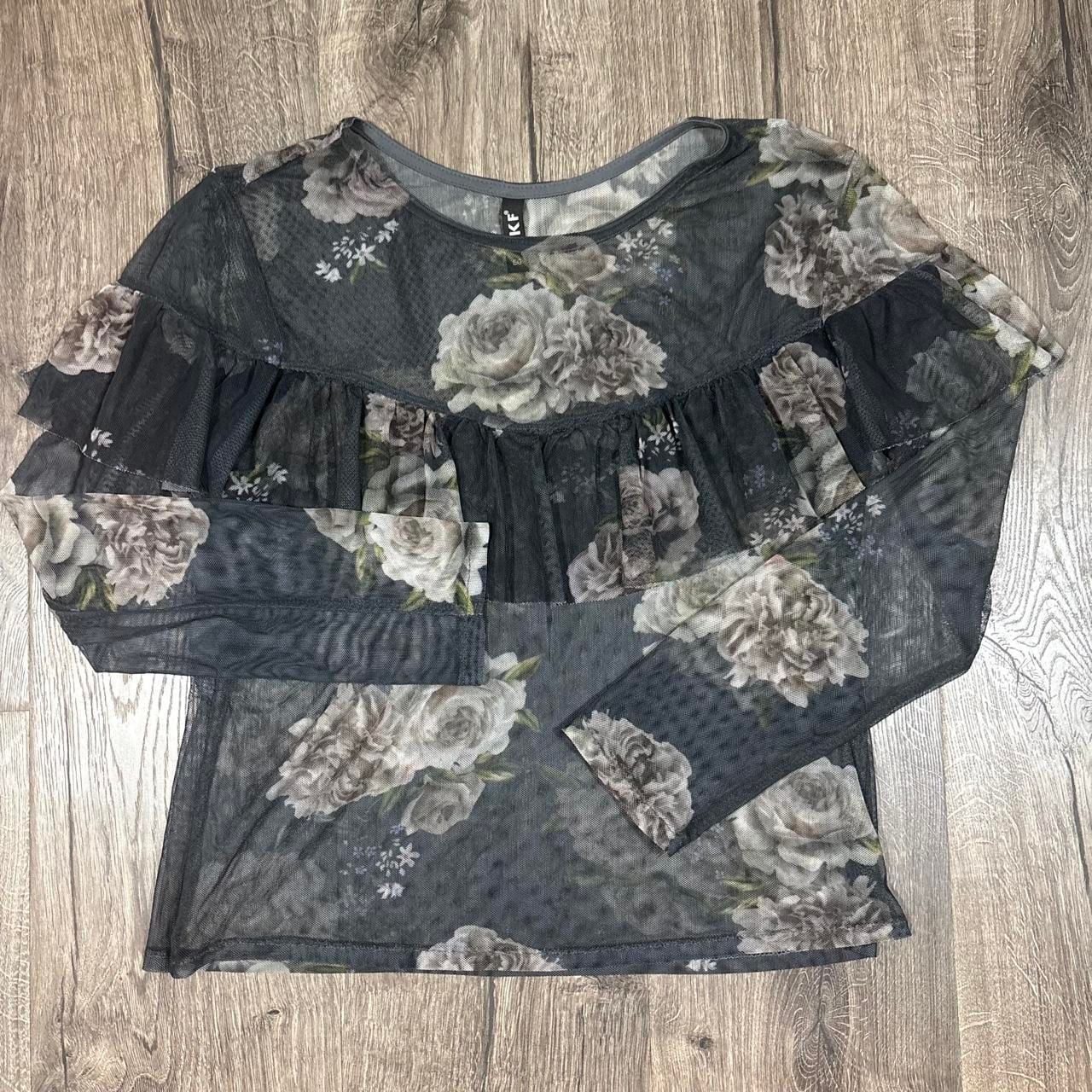 KF Sheer Long Sleeve Top Size EG Gray Floral Mesh Whimsy Goth Blouse 2