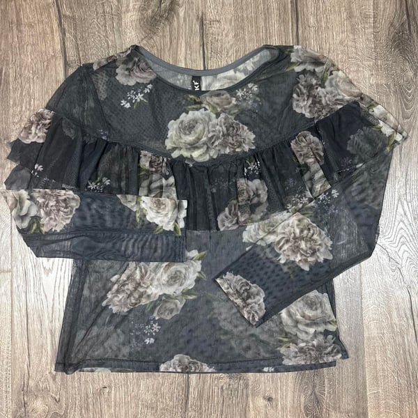 KF Sheer Long Sleeve Top Size EG Gray Floral Mesh Whimsy Goth Blouse