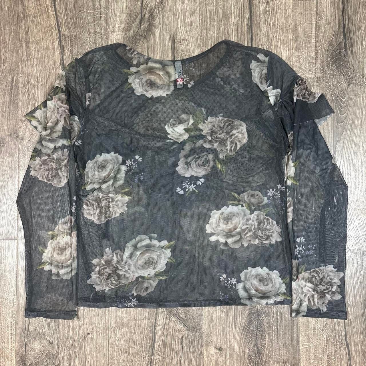 KF Sheer Long Sleeve Top Size EG Gray Floral Mesh Whimsy Goth Blouse 5