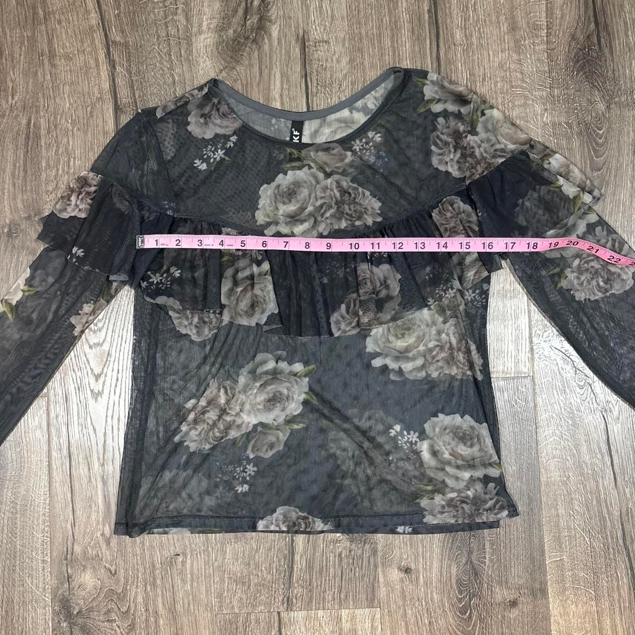 KF Sheer Long Sleeve Top Size EG Gray Floral Mesh Whimsy Goth Blouse 6