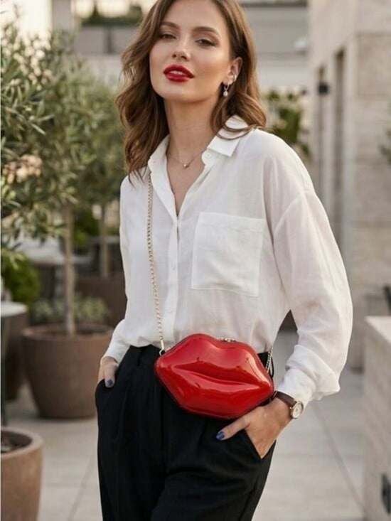 Glossy Red Lip-Shaped Crossbody Bag with Gold Chain 4