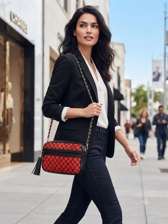 Black & Red Chain Shoulder Bag with Logo Print 2