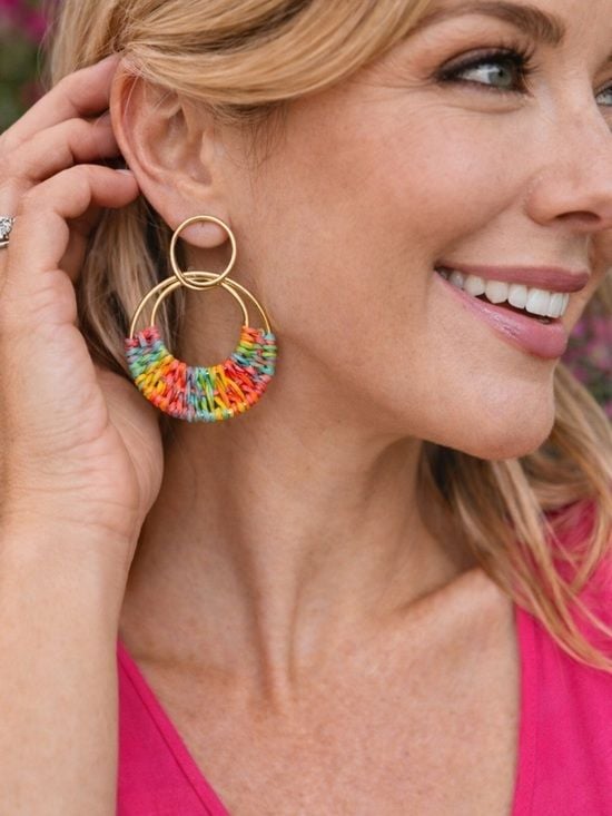 Colorful Raffia Hoop Earrings Gold Double Hoop Boho Statement Summer 1