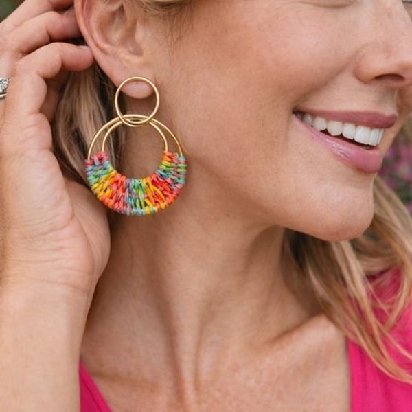 Colorful Raffia Hoop Earrings Gold Double Hoop Boho Statement Summer