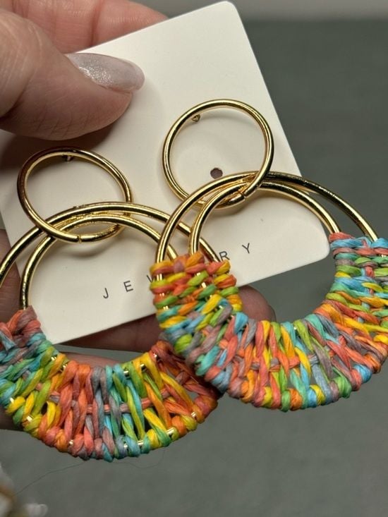 Colorful Raffia Hoop Earrings Gold Double Hoop Boho Statement Summer 2
