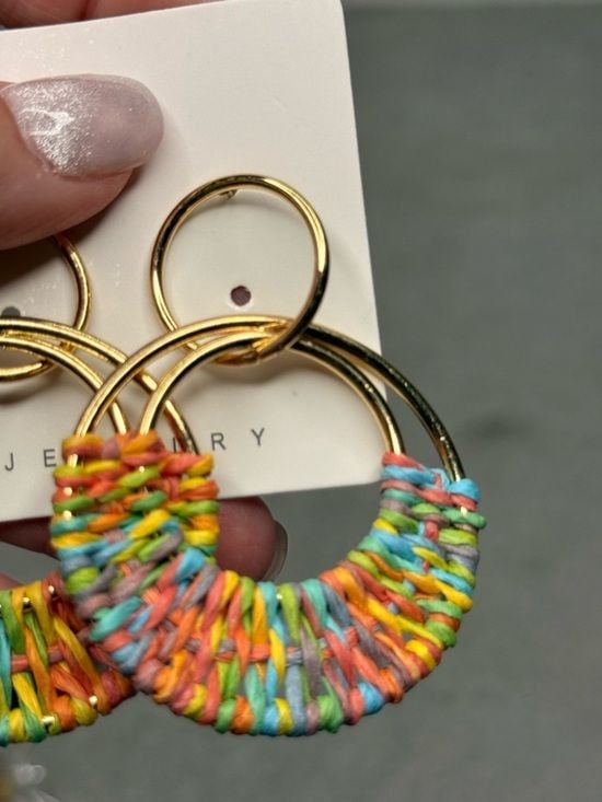 Colorful Raffia Hoop Earrings Gold Double Hoop Boho Statement Summer 3