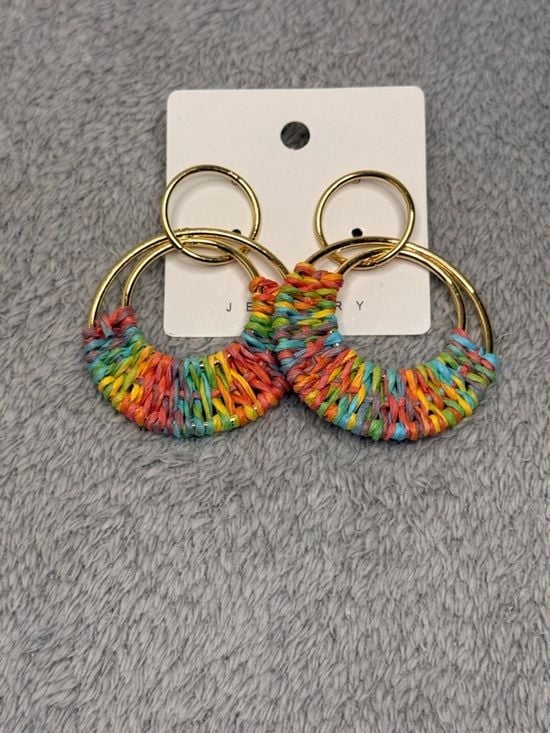 Colorful Raffia Hoop Earrings Gold Double Hoop Boho Statement Summer 5