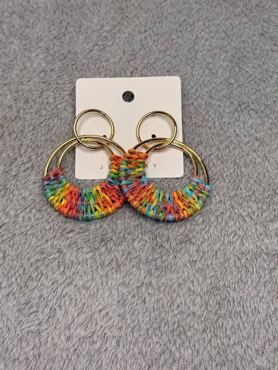 Colorful Raffia Hoop Earrings Gold Double Hoop Boho Statement Summer 6